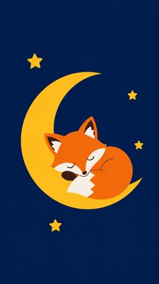 a sleeping baby fox curled on a crescent moon among soft stars, gentle and warm, no text