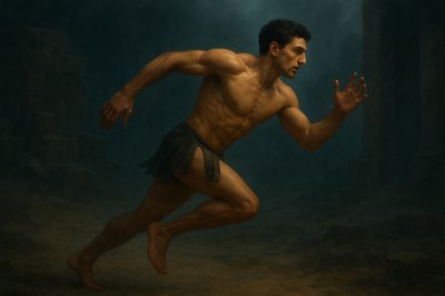 a painting of a man running in the dark