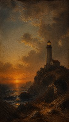 a lone lighthouse on a cliff at dusk under a dramatic sky, no text or lettering