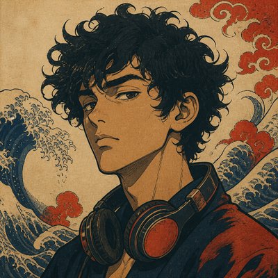 head-and-shoulders portrait of an original character: a young man with curly dark hair and headphones around his neck, plain backdrop, no text