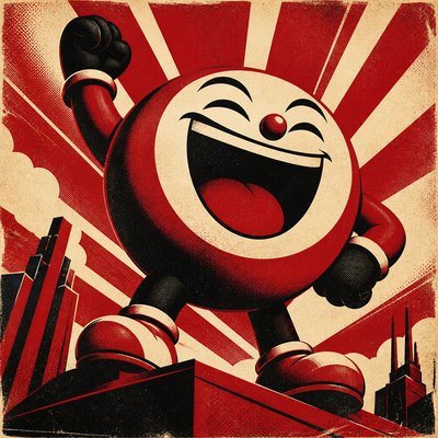 an exaggerated laughing face of an original round mascot character, bold and readable at small size, plain background, no text