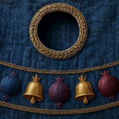 Exodus 28:31-34 KJV
And thou shalt make the robe of the ephod all of blue.  And there shall be an hole in the top of it, in the midst thereof: it shall have a binding of woven work round about the hole of it, as it were the hole of an habergeon, that it be not rent.
  And beneath upon the hem of it thou shalt make pomegranates of blue, and of purple, and of scarlet, round about the hem thereof; and bells of gold between them round about:
 A golden bell and a pomegranate, a golden bell and a pomegranate, upon the hem of the robe round about.
