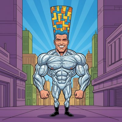 Arnold Schwarzenegger, extreme caricature, enormously tall crew cut hair, massive muscles, tiny lower body, exaggerated robotic expression, big head on tiny body, thick crisp black outlines, vibrant saturated colors, clean comic illustration style
