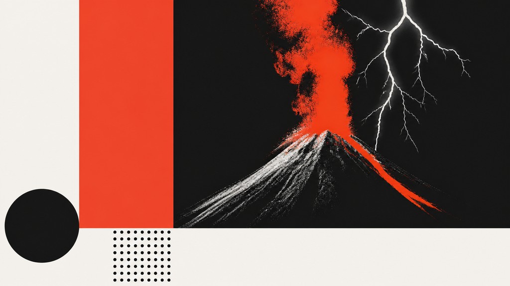 an erupting volcano with lightning strikes, dramatic wide composition, no text