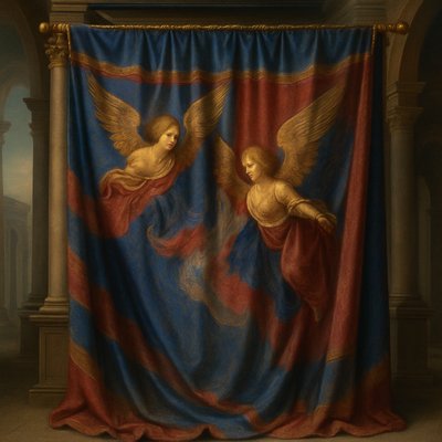 Renaissance Painting Art Style, a magnificent and awe-inspiring Veil of the Tabernacle from Exodus 26:31, hanging grandly in a sacred space. The veil is exquisitely woven from deep blue, regal purple, and vivid scarlet yarn, intertwined with finely twisted pure white linen. Intricately and skillfully woven into the fabric are detailed, majestic cherubim with outstretched wings, their forms appearing almost alive within the threads. The entire veil shimmers with a subtle, divine luminosity, catching soft, ethereal light that emphasizes its rich textures, elaborate patterns, and sacred purpose. Focus on the luxurious drape of the fabric, the vibrancy of the colors, and the dignified, ethereal presence of the cherubim.