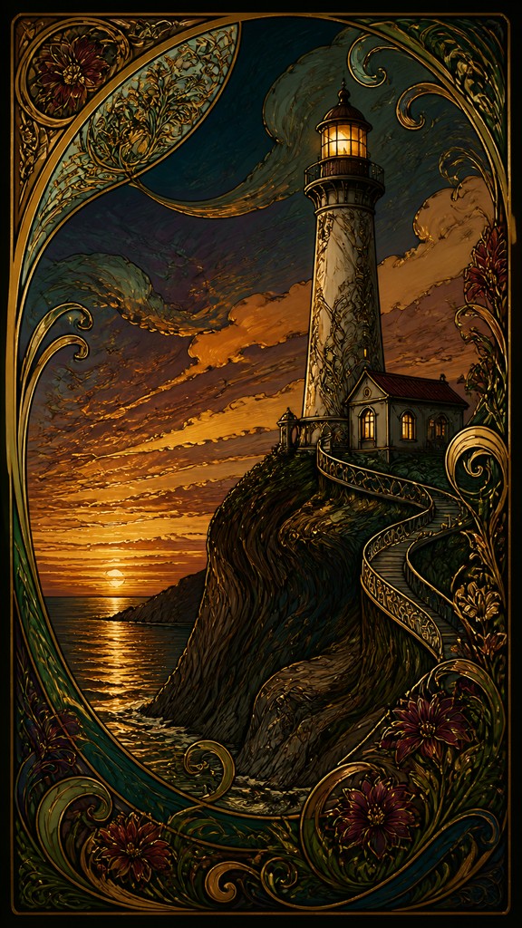 a lone lighthouse on a cliff at dusk under a dramatic sky, no text or lettering