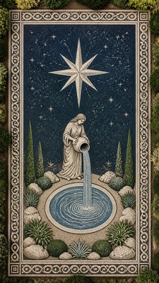 a robed figure pouring water beneath a large eight-pointed star in a night sky, symmetrical composition with an ornate decorative border, no text