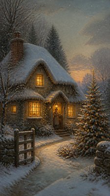 a snow-covered cottage with warm glowing windows beside a decorated pine tree, gentle snowfall, no text
