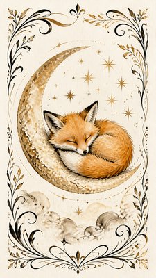 a sleeping baby fox curled on a crescent moon among soft stars, gentle and warm, no text