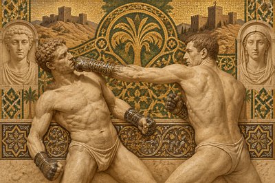 a statue of two men fighting with each other