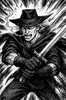 a black and white drawing of a man with a gun
