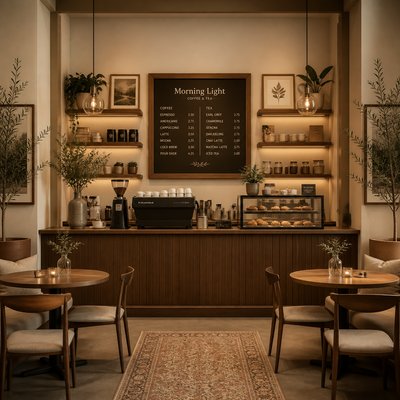 cozy cafe interior with warm lighting