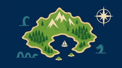 a map of an island realm with mountains, forests, a sheltered bay, sea monsters in the water and a compass rose, no text labels