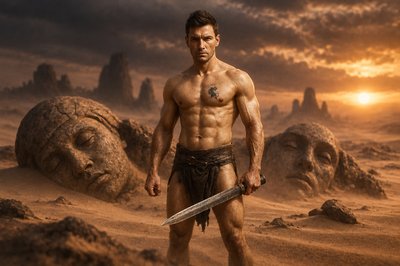 a man with a sword standing in the desert