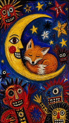 a sleeping baby fox curled on a crescent moon among soft stars, gentle and warm, no text