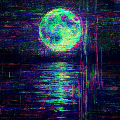 Start with a completely ordinary, even boring photograph of a full moon reflecting over a still lake.
Corrupt it until it no longer resembles its original subject at all, but still somehow feels like it’s haunted by what it used to be. Push the file through at least four different deliberate stages of destruction (e.g. heavy JPEG decay → databend in Audacity → pixel sorting by luminance → extreme RGB channel displacement and offset). Let compression artifacts bloom into impossible colors. Allow entire sections to liquefy and drip downward. Make the metadata scream. The final image should feel like a memory that’s been compressed, encrypted, lost, recovered, and compressed again for twenty years.