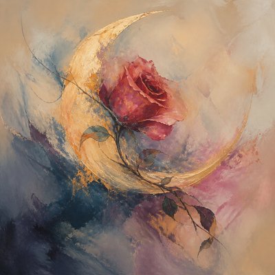 a rose entwined with a crescent moon, clean balanced composition on a plain background, no text