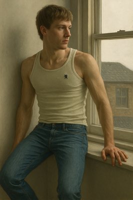 a painting of a man leaning against a window sill