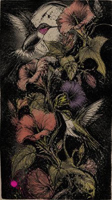 a climbing vine of flowers and hummingbirds on a dark background, tall wrapping composition, no text
