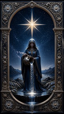 a robed figure pouring water beneath a large eight-pointed star in a night sky, symmetrical composition with an ornate decorative border, no text