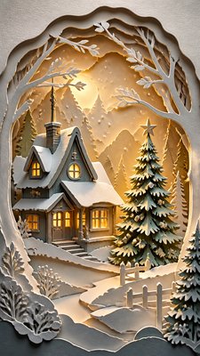 a snow-covered cottage with warm glowing windows beside a decorated pine tree, gentle snowfall, no text