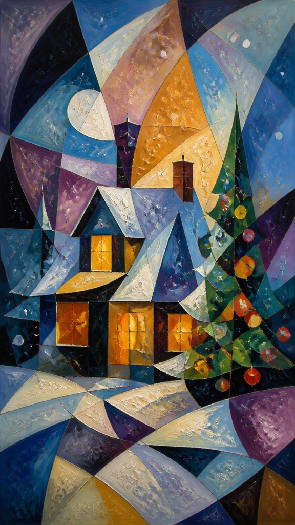 a snow-covered cottage with warm glowing windows beside a decorated pine tree, gentle snowfall, no text