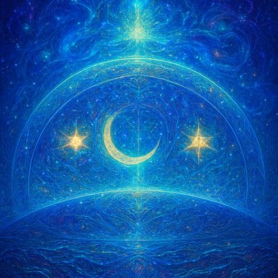 Visionary Art Style, Bioluminescence Art Style, an awe-inspiring, luminous depiction of ancient Jewish cosmology for Psalm 8:3, presented with profound depth and ethereal glow. The central feature is a vast, shimmering, domed firmament (raqia), appearing as a translucent, opalescent boundary stretching across the scene, separating realms. Above this firmament, immense, glowing celestial waters swirl with bioluminescent currents of deep blues, purples, and greens, illuminated by an unseen, brilliant divine light emanating from the highest heavens. Large, radiant stars and a luminous crescent moon are not distant objects, but rather appear as integral, internally glowing bioluminescent entities set within the shimmering surface of the firmament, their light subtly pulsing. Below, hints of foundational earth and the "waters below" are visible, also touched by soft, ethereal glows. The entire scene is alive with vibrant, jewel-toned celestial colors and a sense of boundless, mystical energy. Focus on the layered, translucent quality of the firmament, the dynamic, living glow of the bioluminescent waters and embedded celestial bodies, and an overwhelming sense of ancient, sacred wonder and divine power.