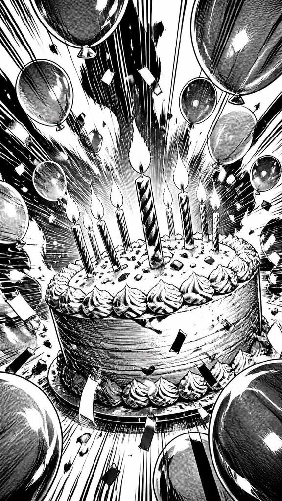 a birthday cake with lit candles surrounded by balloons and confetti, festive vertical composition, no text