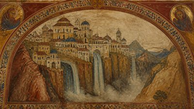 a cliffside city with waterfalls cascading into a misty canyon, wide establishing shot, no people, no text