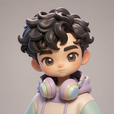 head-and-shoulders portrait of an original character: a young man with curly dark hair and headphones around his neck, plain backdrop, no text