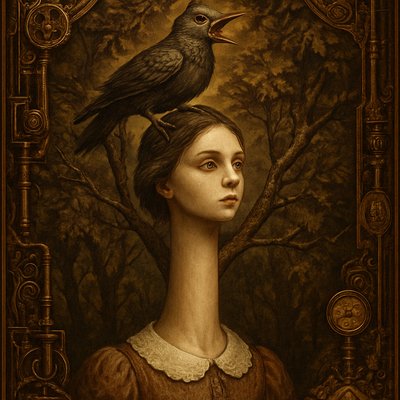 Surreal image of Alice (Chapter 2). Alice's cotton dress is visible below, but her neck is elongated into a smooth, pale column, stretching past the upper tree line. Her head is framed by the topmost leaves and branches. One furious Pigeon is perched precariously on her high crown, squawking. The branches of the trees scrape against the smooth skin of her neck. Emphasize the texture difference between the rough bark, the soft leaves, the white collar of her dress, and the seamless, unnaturally stretched skin of her neck. Hyper-detailed digital painting, fantasy surrealism, sharp focus,