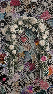 an arch of white roses and eucalyptus in soft morning light, elegant vertical composition with open space, no text