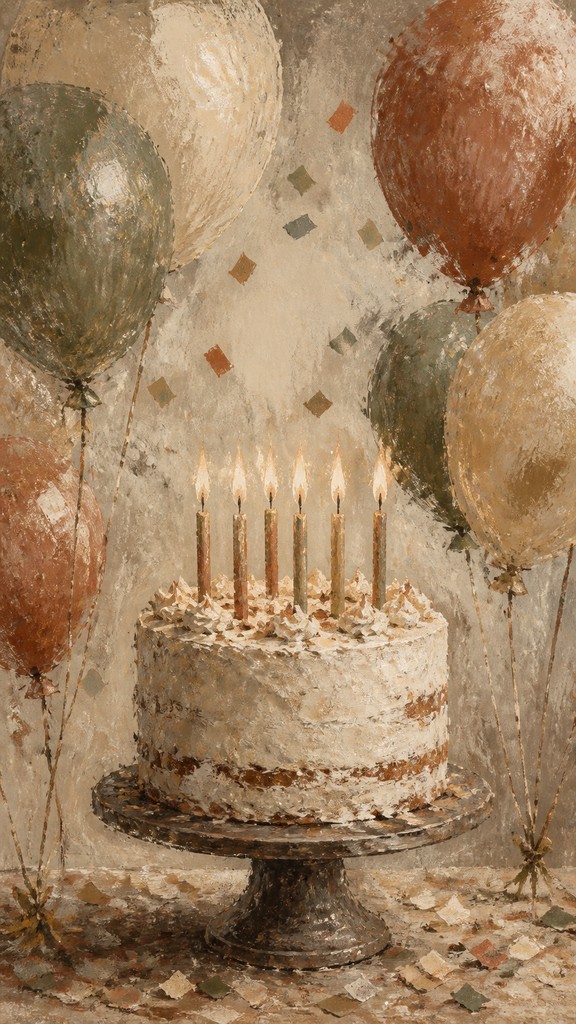 a birthday cake with lit candles surrounded by balloons and confetti, festive vertical composition, no text