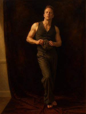 a painting of a man standing in front of a dark background