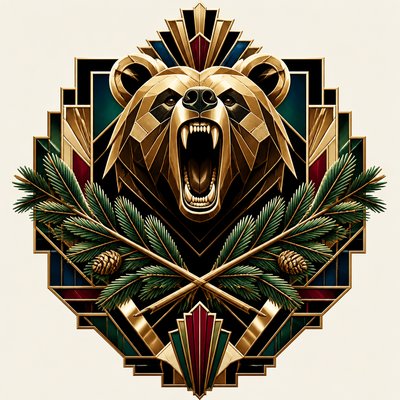 a roaring bear head above crossed pine branches, bold graphic composition on a plain background, no text