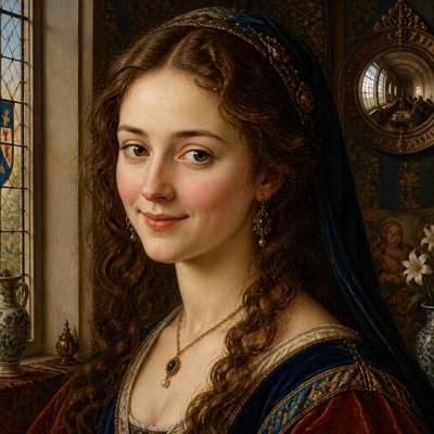 head-and-shoulders portrait of an original character: a young woman with wavy chestnut hair and a warm smile, plain soft backdrop