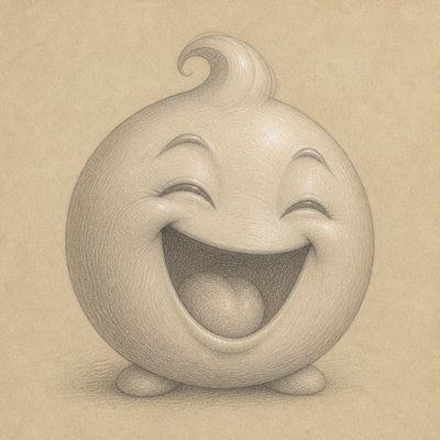an exaggerated laughing face of an original round mascot character, bold and readable at small size, plain background, no text