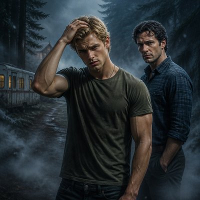 Ok tu me fait 2 personnages de roman , on va commencer avec un jeune homme la vaingtaine tres beau il est blond, il passe sa main dans ses cheveux, on voit le biceps il est en T-shirt kaki avec un jean à côté de lui, il se trouve un autre un homme dans les 45 ans, et alors là je veux que tu les cheveux noirs bouclé, sur les côtés, il a pas de lunettes il est en chemise, un daddy pas de barbe, pas de moustache. il a l’air d’être écrivant ou maire physiquement, il ressemble à tom loftis de widow bay , il a une chemise un peu démodé genre bleu à carreaux . Une ambiance assez froide avec un brouillard glaçant autour d’eux une forêt, un caravane je sais pas une ambiance vraiment inquiétante et vraiment je veux une ambiance comme si on parlait d’un roman genre le blond au milieu. Les deux personnages semblent traumatisé comme dans sa roman. En fait derrière eux l’ambiance angoissante ils sont devant. n’oublie pas que c’est la devanture du roman.