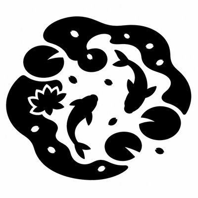 A koi pond seen from above, orange and white koi fish swimming among lily pads, clear water with subtle ripples, fallen cherry blossom petals floating on the surface, dappled sunlight