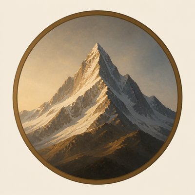an emblem of a mountain peak inside a circle, simple bold shapes on a plain background, no text or lettering
