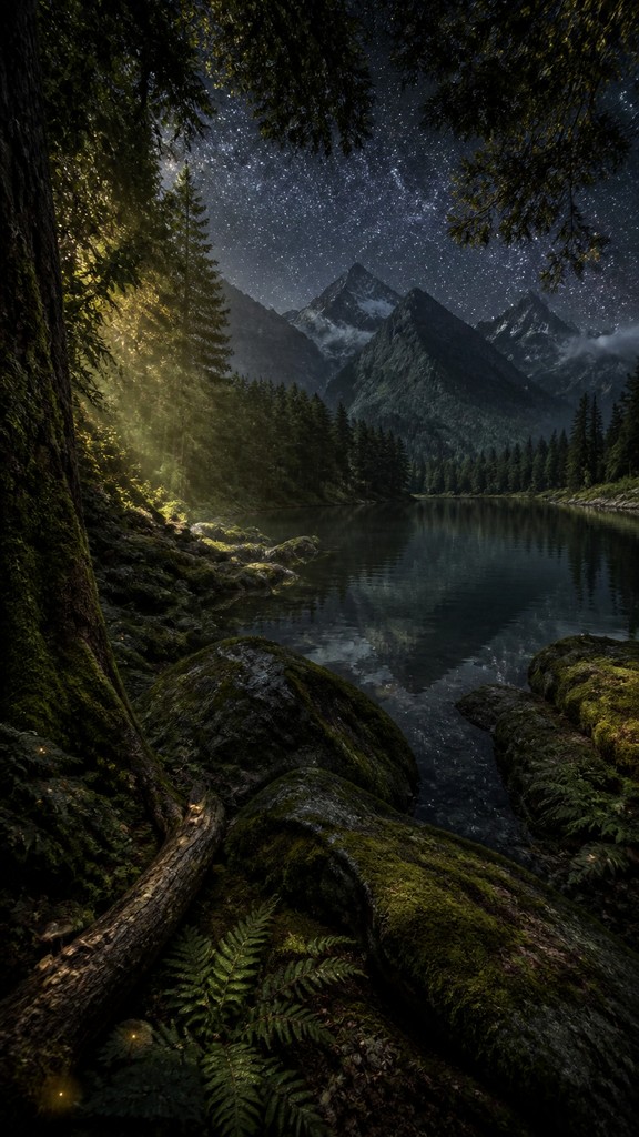 a tranquil mountain lake beneath a starry night sky, no people, no text