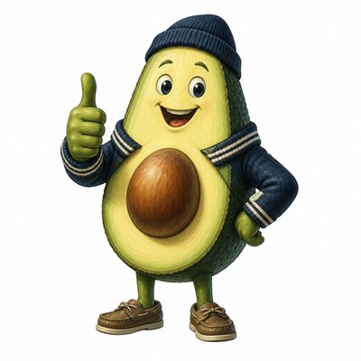 a happy avocado character giving a thumbs up, bold readable design on a plain background, no text