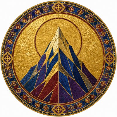 an emblem of a mountain peak inside a circle, simple bold shapes on a plain background, no text or lettering