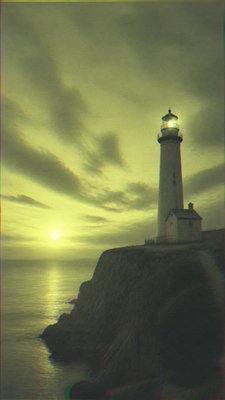 a lone lighthouse on a cliff at dusk under a dramatic sky, no text or lettering
