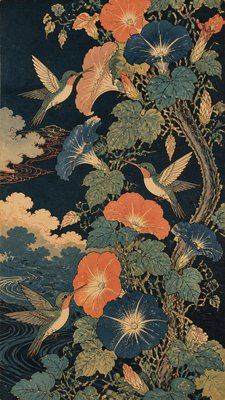 a climbing vine of flowers and hummingbirds on a dark background, tall wrapping composition, no text