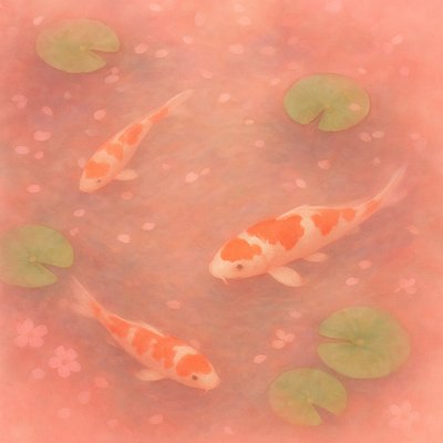A koi pond seen from above, orange and white koi fish swimming among lily pads, clear water with subtle ripples, fallen cherry blossom petals floating on the surface, dappled sunlight