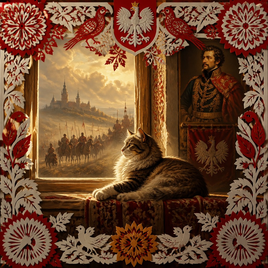 a cat lounging in a sunlit window — Polish Art Style
