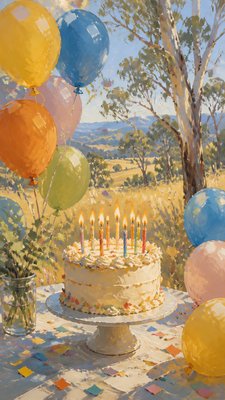 a birthday cake with lit candles surrounded by balloons and confetti, festive vertical composition, no text