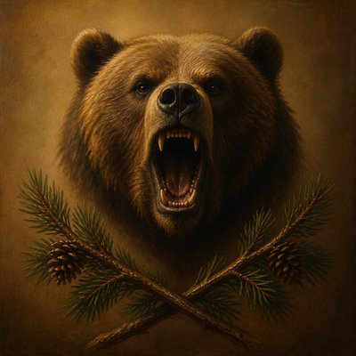 a roaring bear head above crossed pine branches, bold graphic composition on a plain background, no text
