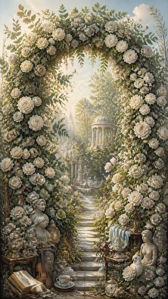 an arch of white roses and eucalyptus in soft morning light, elegant vertical composition with open space, no text